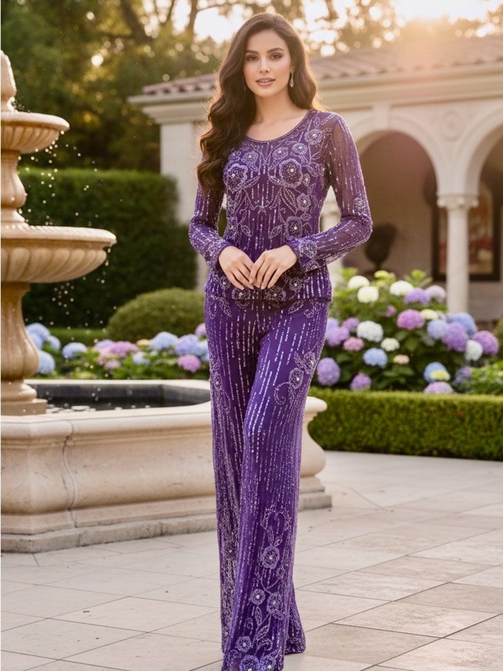 Elegant Purple Beaded Women’s Evening Dress Set
